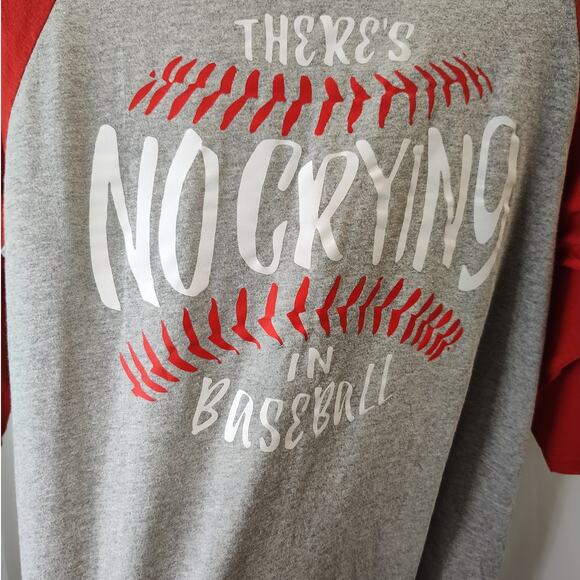 Gildan Red Heather Gray "There's No Crying in Baseball" Henley, M - Picture 2 of 8